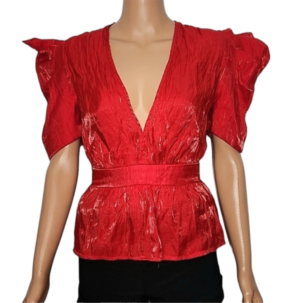 THE SANG Blouse Metallic Puff Sleeves V Neck Red Top Size S Small‎